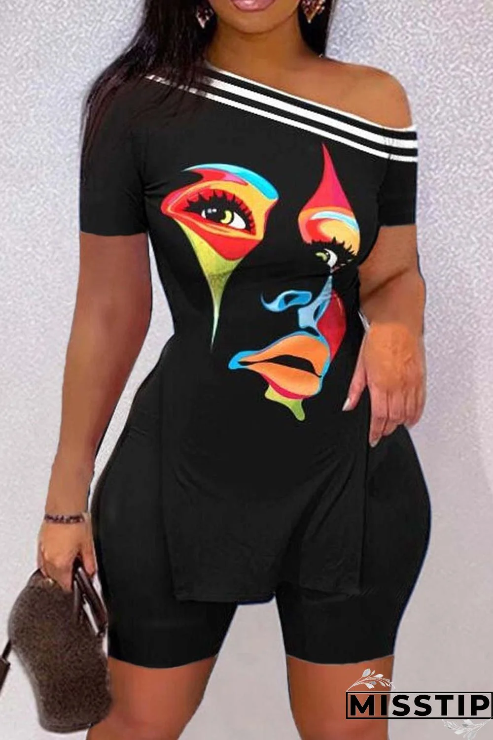 Black White Casual Print Slit Oblique Collar Short Sleeve Two Pieces