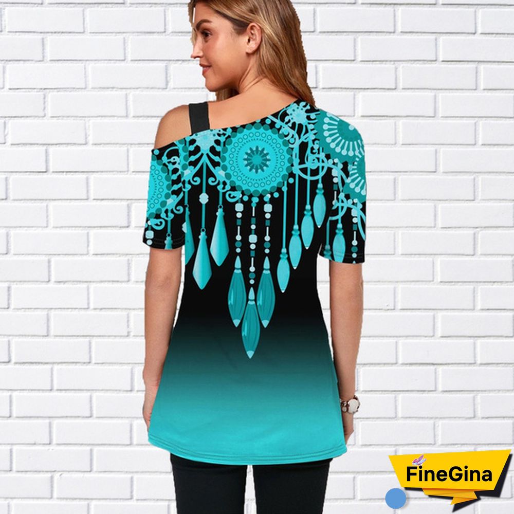 Womens Tops Femme Blouse Tribal Print Short Sleeve Gradient T Shirt Plus Size XS-8XL