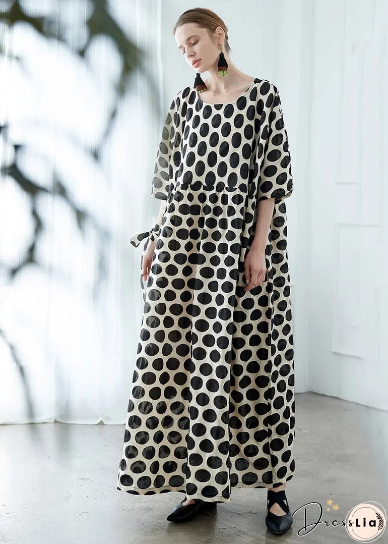 Stylish Black O Neck Dot Patchwork Cotton Robe Dresses Summer