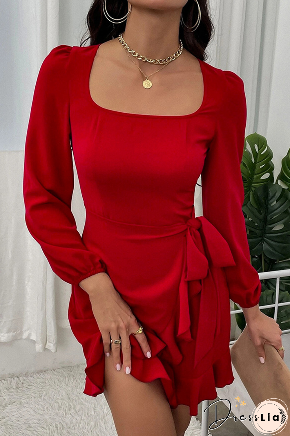 Fashion Solid Flounce Square Collar Cake Skirt Dresses