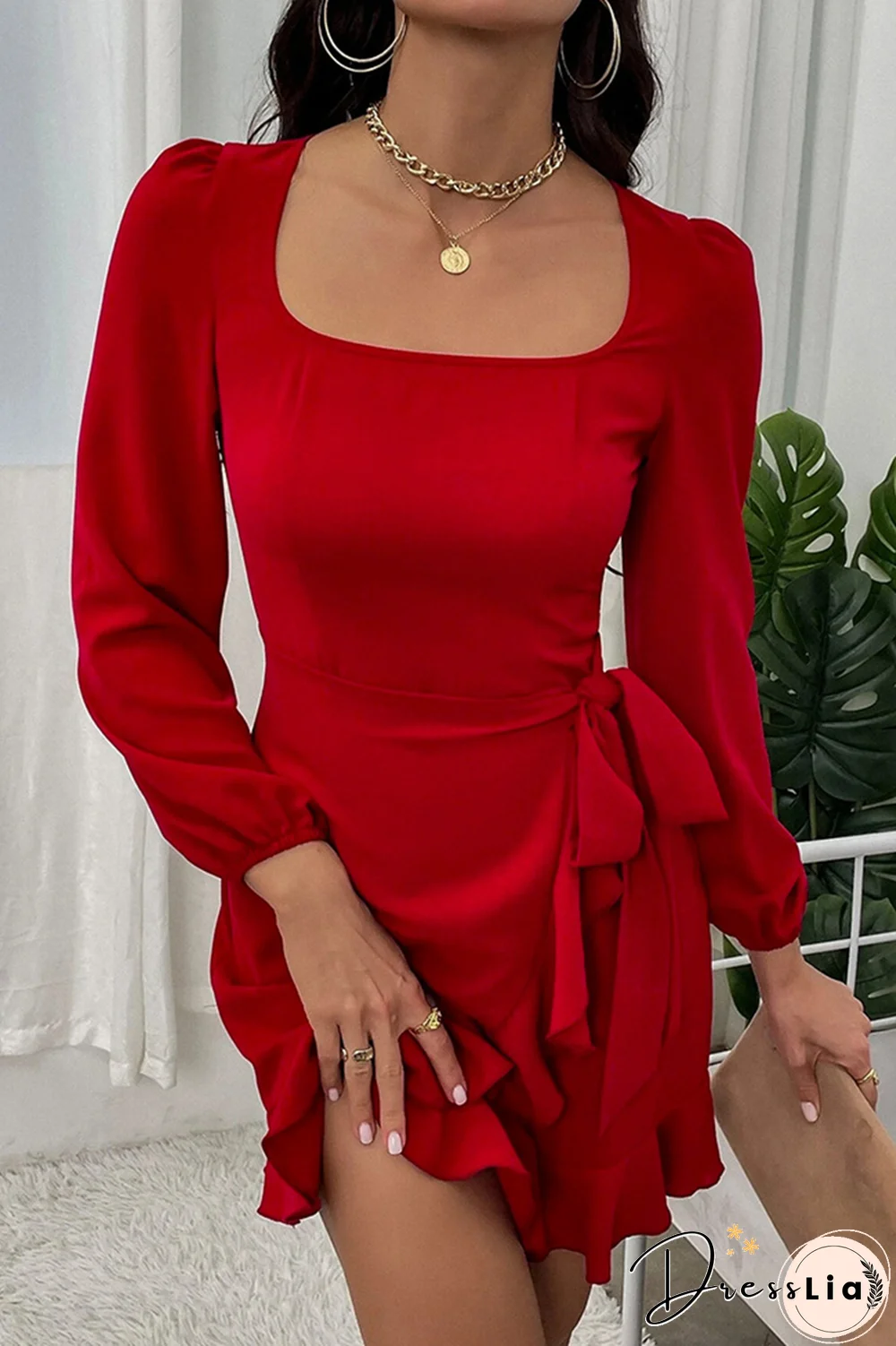 Fashion Solid Flounce Square Collar Cake Skirt Dresses