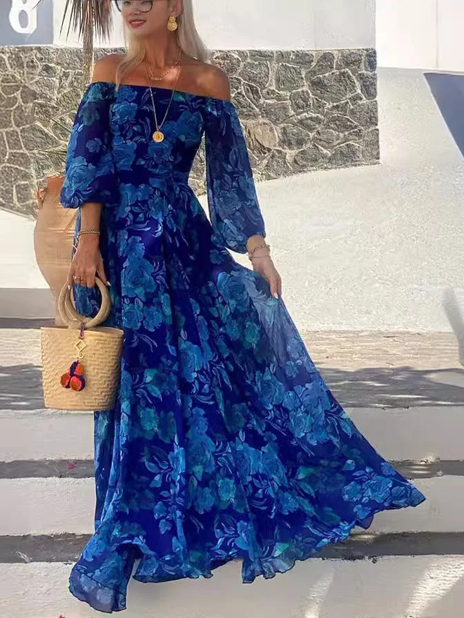 Women's Long Sleeve Off-shoulder Floral Printed Temperament Maxi Dress