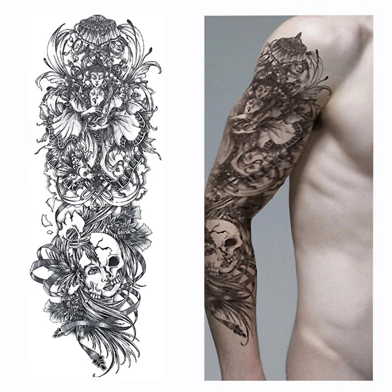 1 Piece Buddhist Faith Temporary Tattoo Sticker Skeleton Full Flower Tattoo with Arm Body Art Big Large Fake Tattoo Sticker