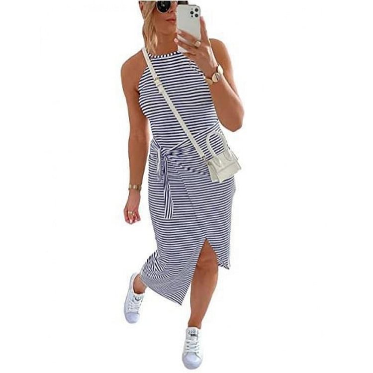 Casual Sleeveless Striped Midi Dresses socialshop