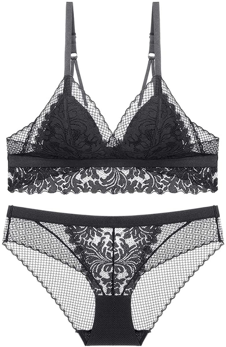Women's Lace Triangle Floral Bra Wirefree Lingerie Bra and Panties Set