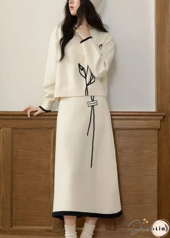 Stylish Beige O Neck Sweaters And Skirts Knit Two Pieces Set Winter