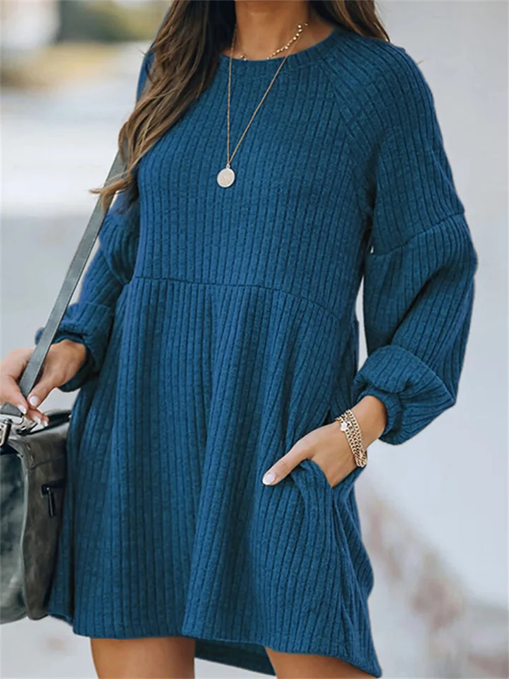 Solid Color Round Neck Knit Long Sleeve Dress-JRSEE