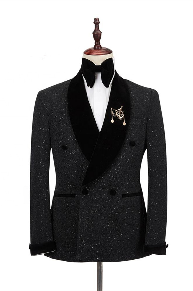 Bellasprom Shawl Lapel Double Breasted Black Wedding Suits