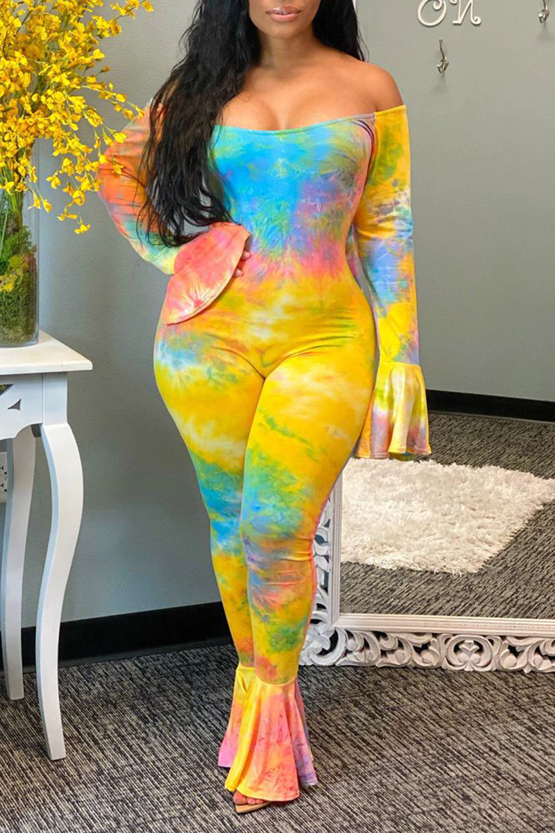 Sexy Patchwork Tie-dye Off the Shoulder Boot Cut Jumpsuits