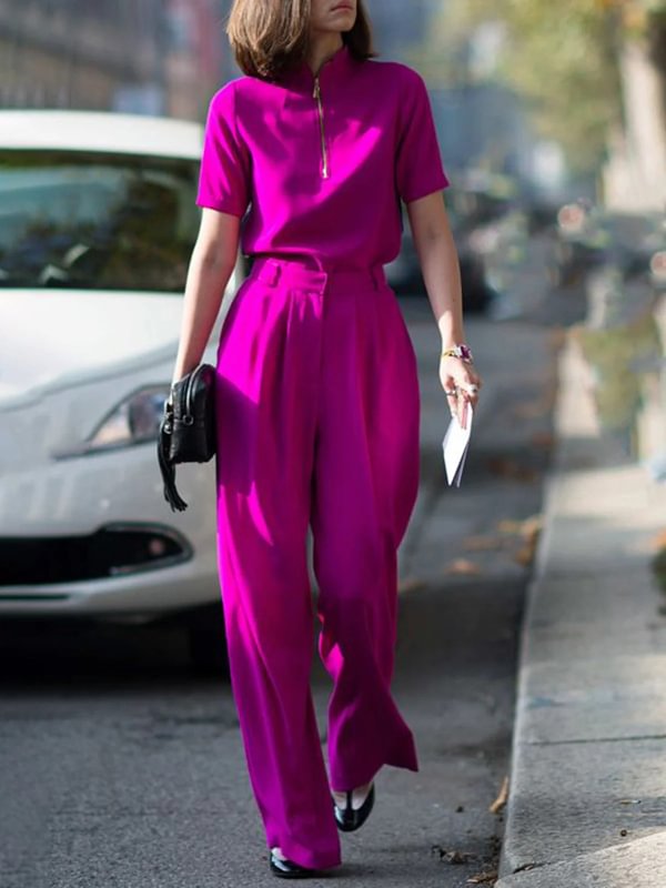 Urban Solid Color Zipper Short Sleeves T-Shirt Wide Leg Pants Two Pieces Set