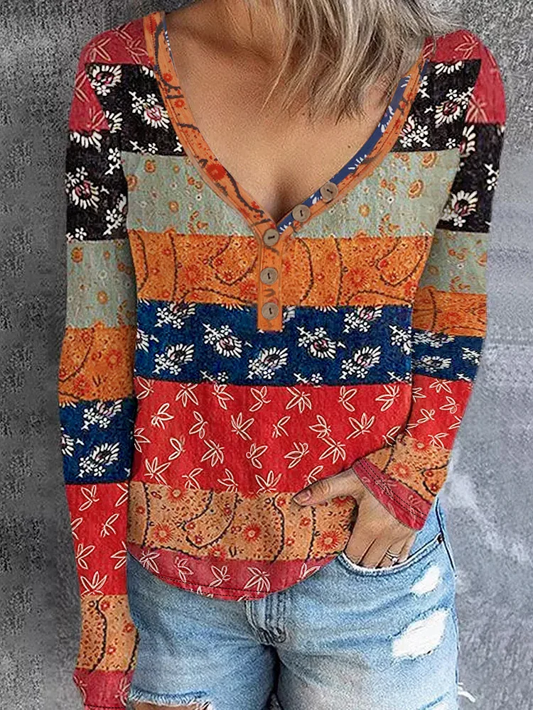 Women's 2024 Spring Vintage Boho T-Shirt V-Neck Floral Tribal Print Long Tee