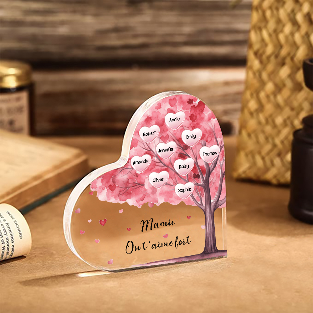À ma Maman/Mamie - Plaque Acrylique Arbre en Forme de Cœur 9 Prénoms Personnalisés avec 1 Texte