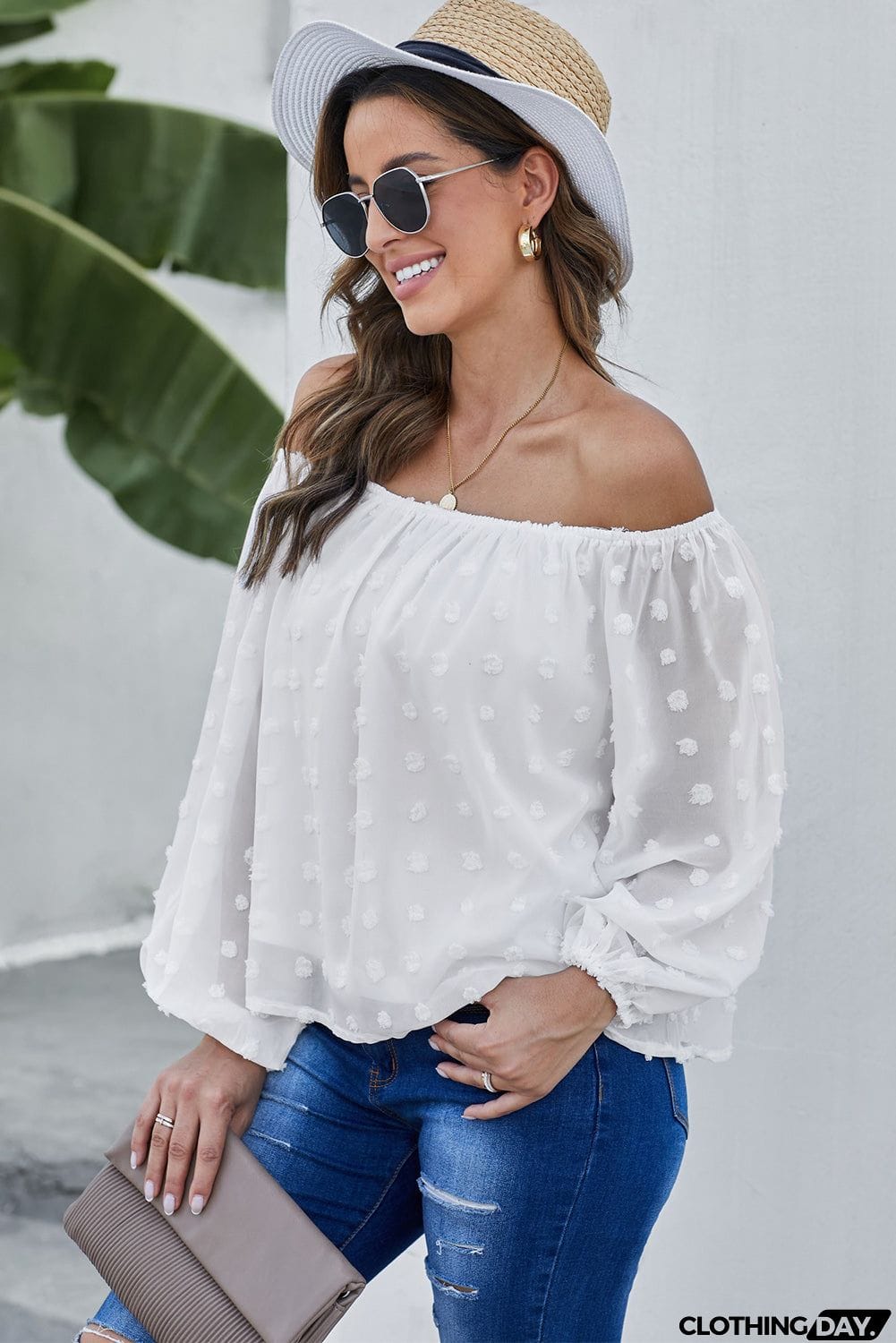 Off Shoulder Swiss Dot Blouse