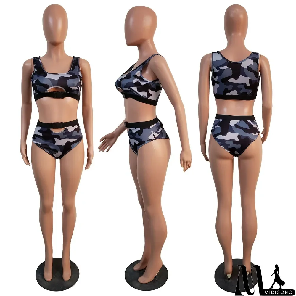 MidiSono - Fashion Sexy Fitness Camouflage Button Two-Piece Set