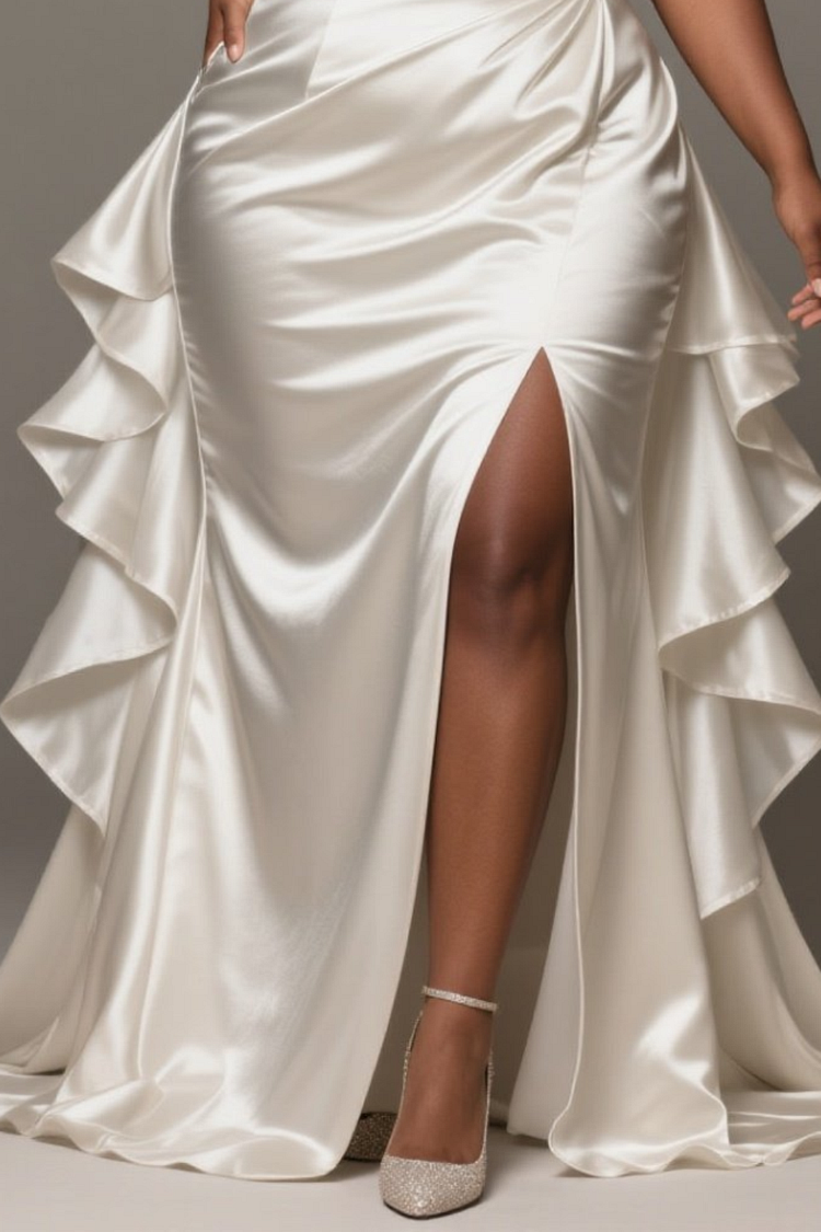 Xpluswear Design Plus Size Wedding White Off The Shoulder Split Elegant Ruffle Satin Maxi Dresses [Pre-Order]