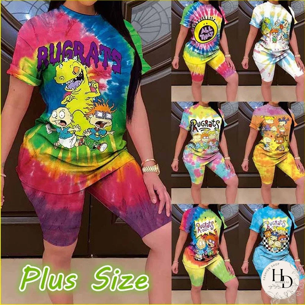 Womens Fashion Cartoon Rugrats In Paris Casual Suits Tie Dye Casual Printed Multicolor Short Sleeve T Shirts And Shorts Two Piece Outfit