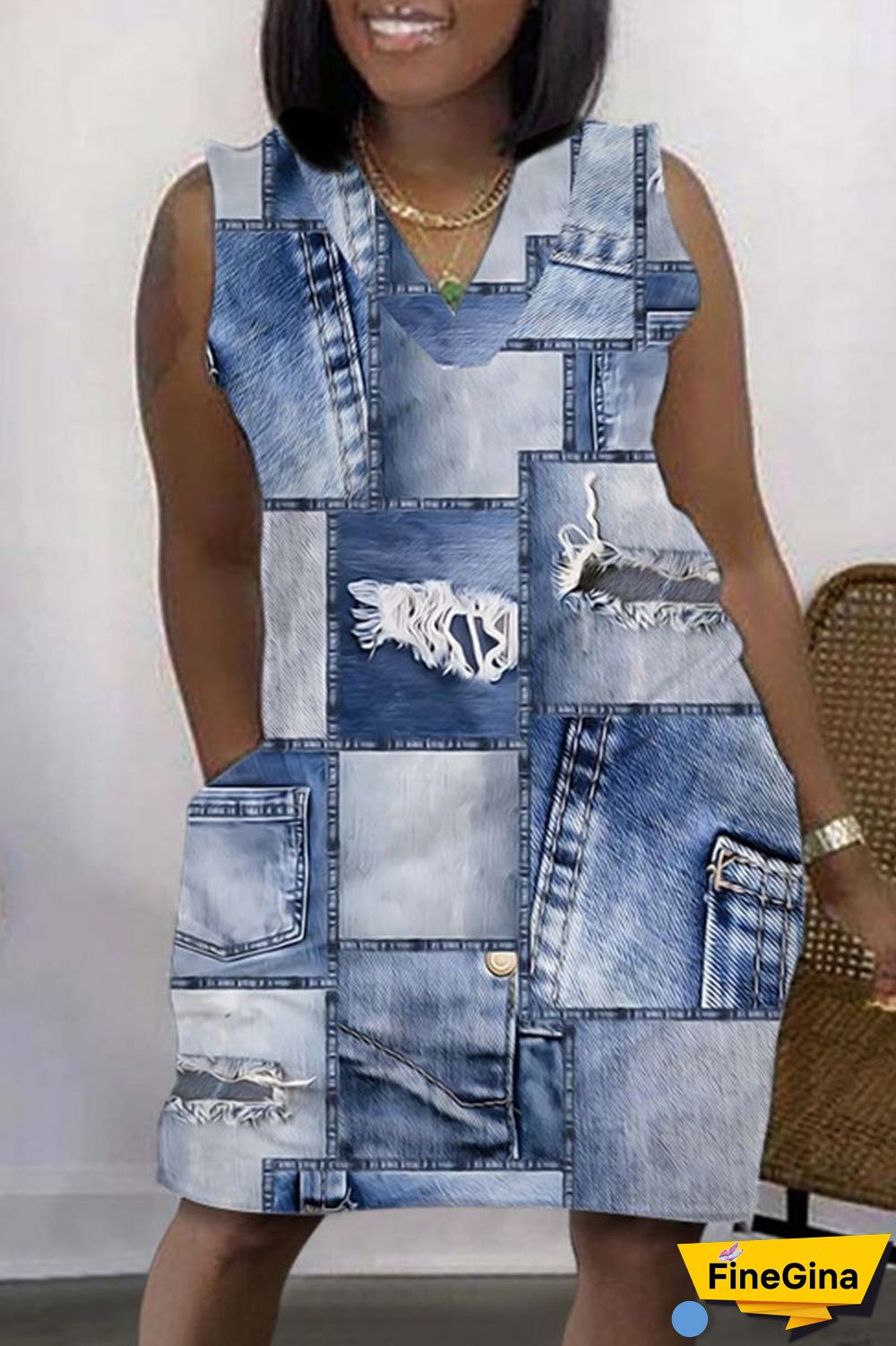 Coffee Casual Print Basic V Neck Sleeveless Dress Dresses