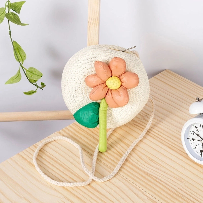 Girl’s Small Straw Flower Bow Knot Cute Round Zipper Crossbody Bag
