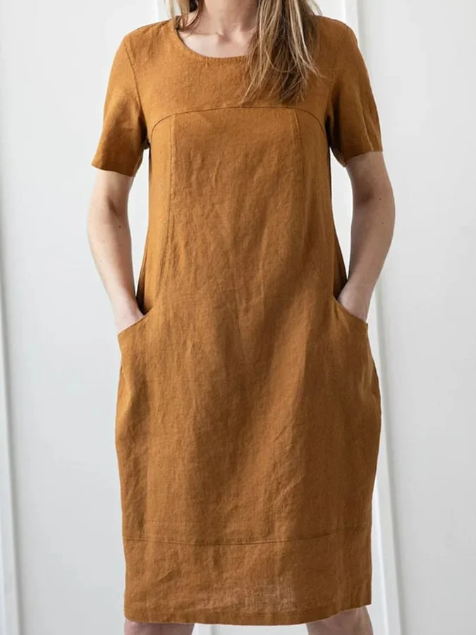 Women's Casual Solid Color Loose Cotton Round Neck Short Sleeve Dress