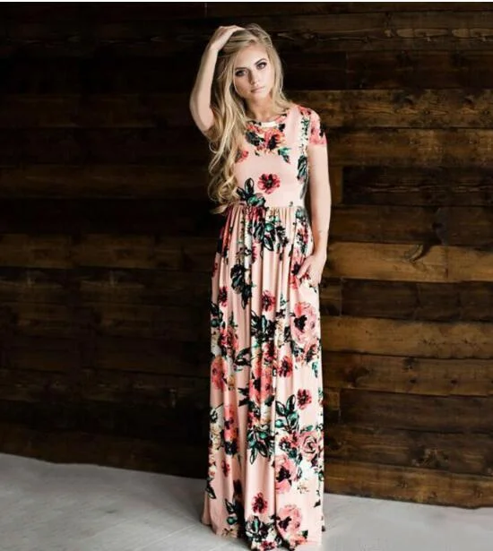 Uveng Summer Round Neck Flowers Print Long Sleeve Dress