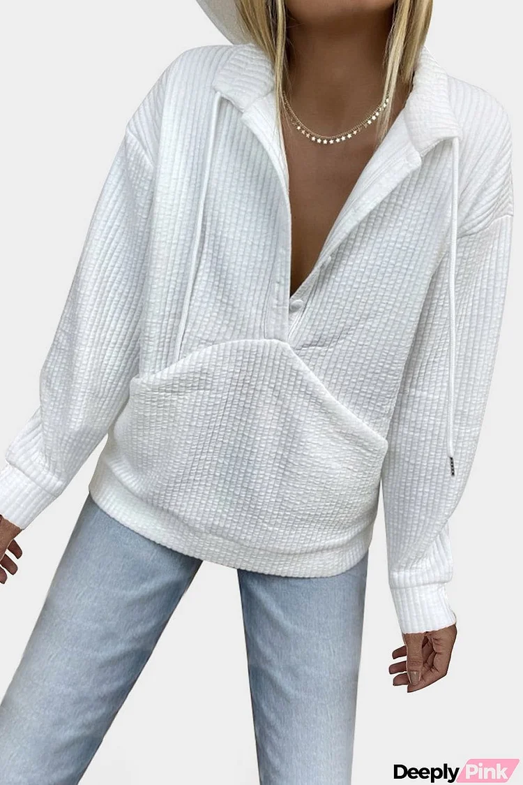 Ribbed Texture Buttoned Drawstring Sweatshirt