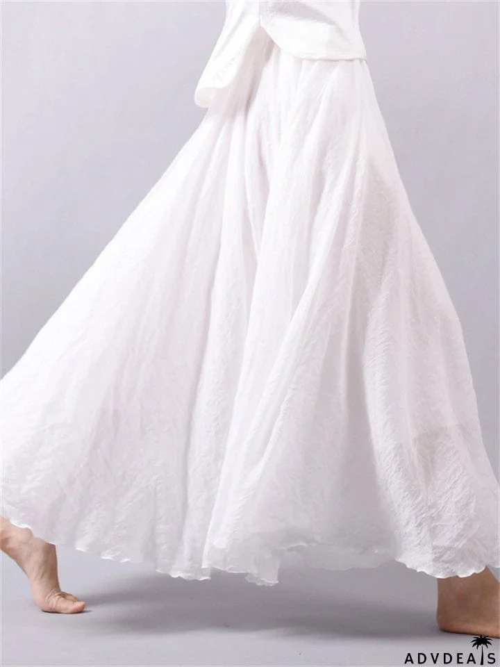 Women's Elastic Waist Pleated Maxi Linen Skirts