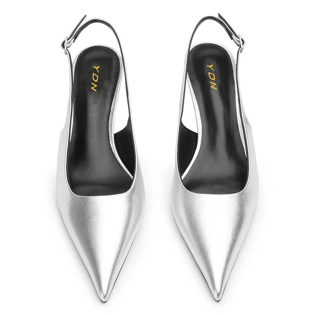 Metallic Finish Pointed Toe Buckle Slingback Kitten Heels in Silver