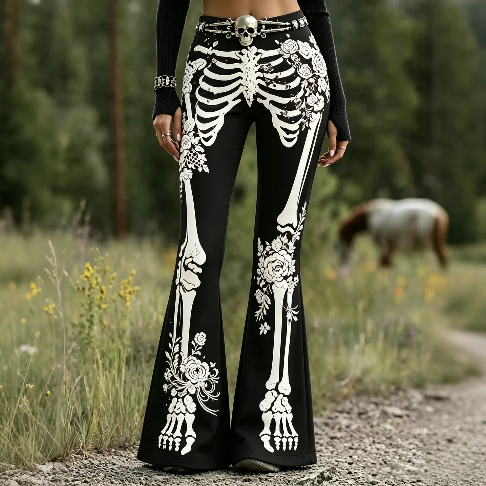 Comstylish Women&rsquo;s Goth Skeleton Floral Print Flare Pants