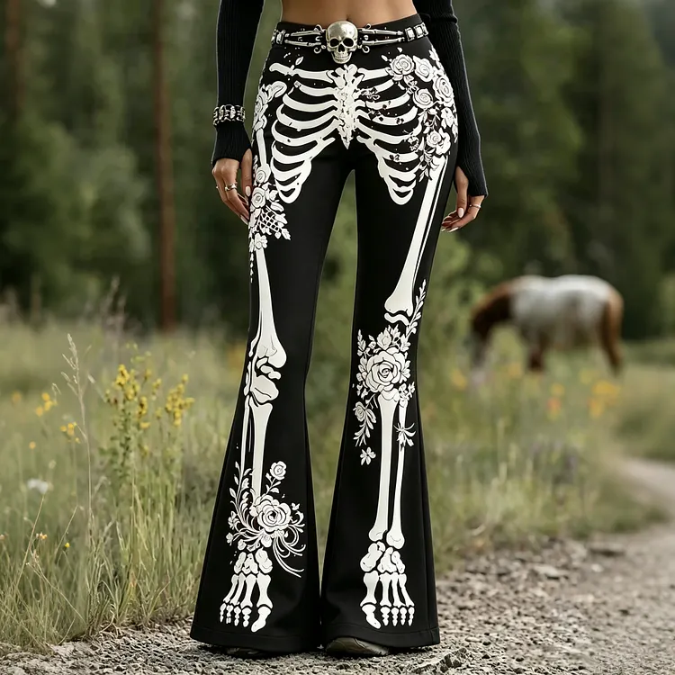 Women&rsquo;s Goth Skeleton Floral Print Flare Pants