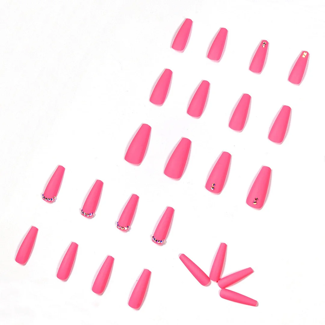 24pcs Pink Long Ballet Rhinestone Fake Nails Full cover Fake Nails Glue DIY Manicure Nail Art Tools-Nail Inspo