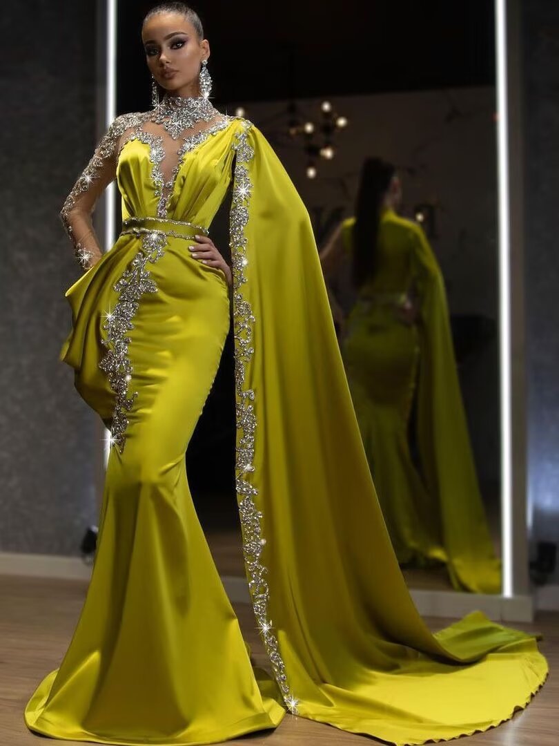 Lussooy Yellow Beadeds Long Sleeves Embroidery Deep V-Neck Mermaid Long Prom Dress 