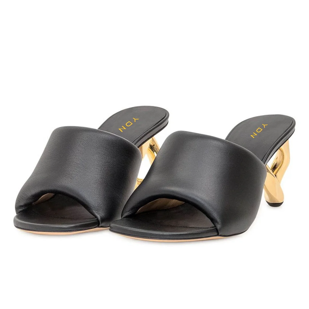 Vegan Leather Sculptural Heel Open Toe Mules Sandals in Black