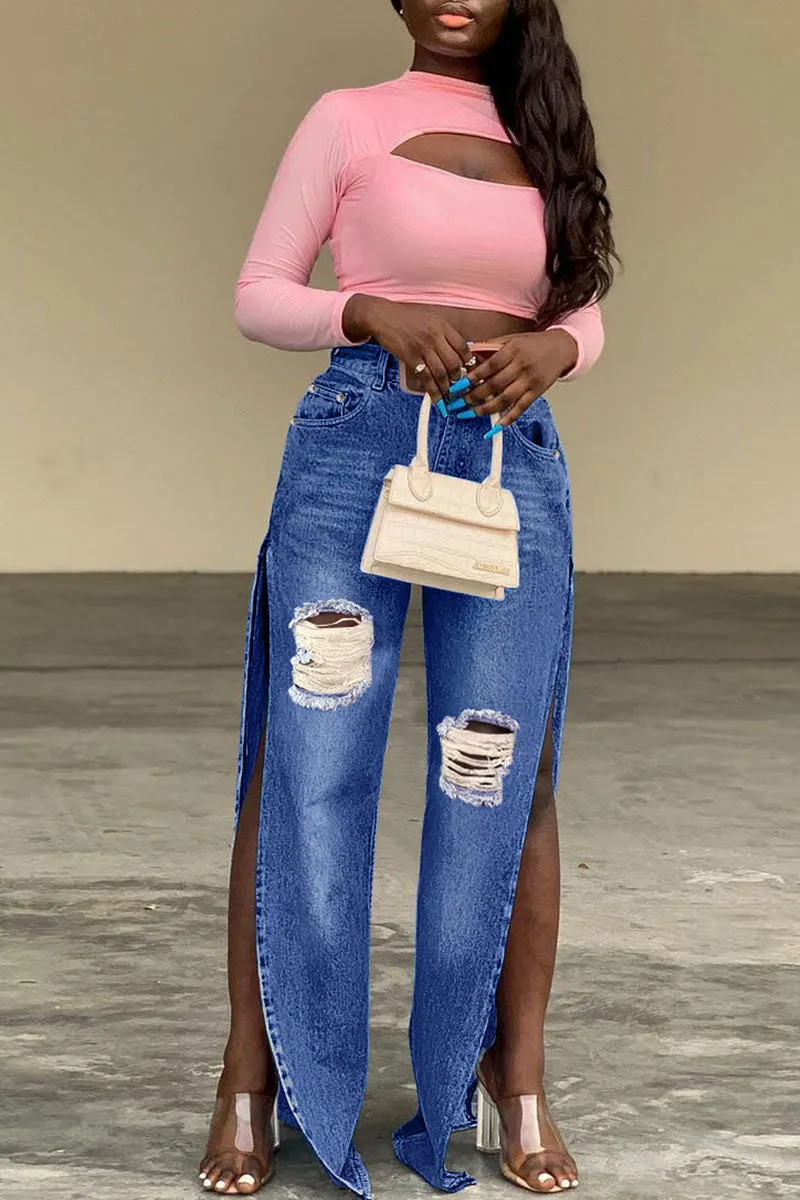 High Waist Stretch Ripped Hem Slit Denim Trousers For Women