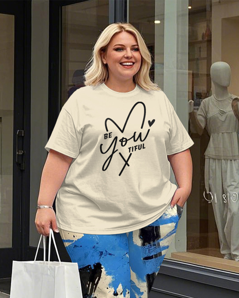 Women's Plus Size Be You Tiful Print T-Shirt and Graffiti Trousers Suit