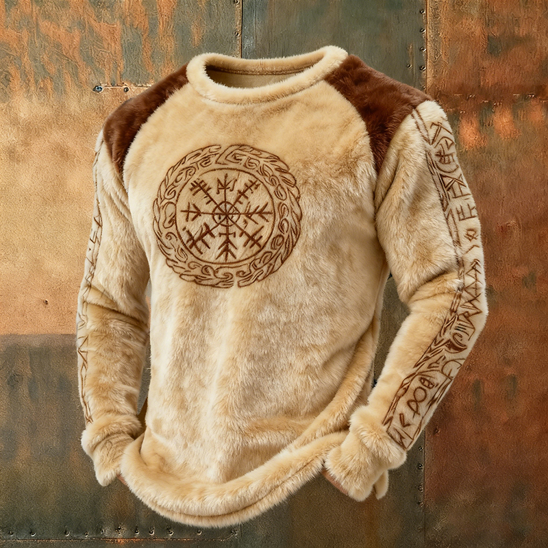 Men's Nordic Viking Totem Rune Patchwork Art Cozy Flannel Hoodie elevenforest