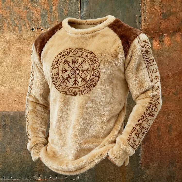 Men's Nordic Viking Totem Rune Patchwork Art Cozy Flannel Hoodie
