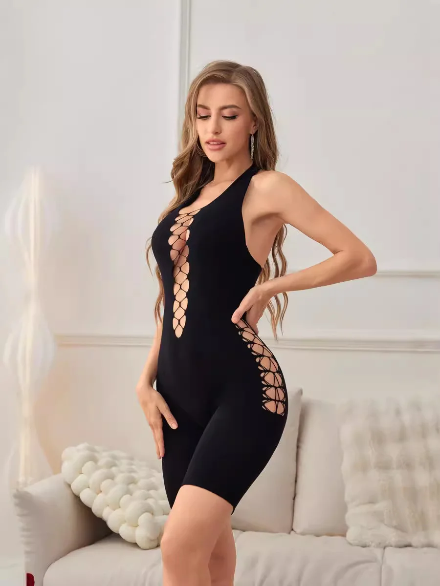 Uveng Uveng 2024 Solid-Color V-Neck Sleeveless Sexy Body-Cuff-In-One Knitting Conjoined Shorts