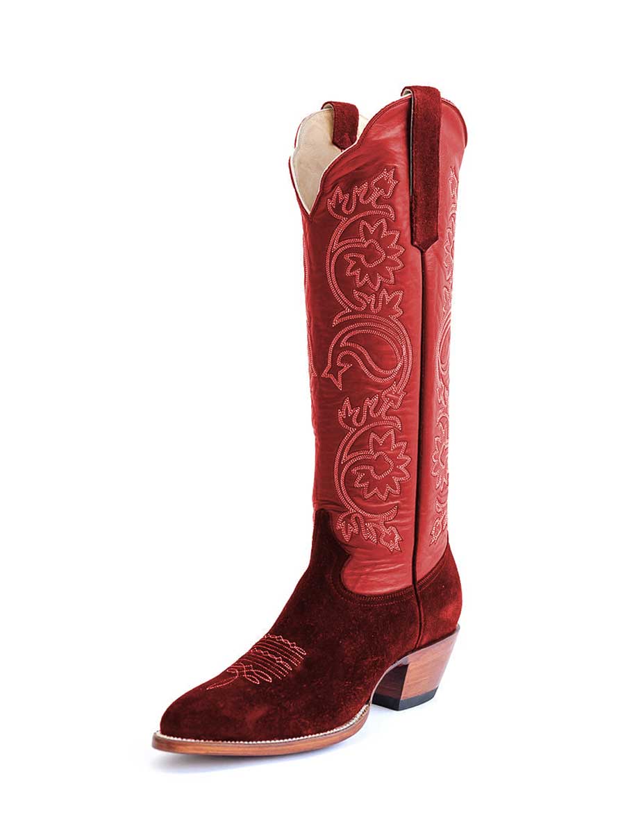 Elegant Red Almond Toe Vegan Suede Wide Calf Cowboy Boots for Women
