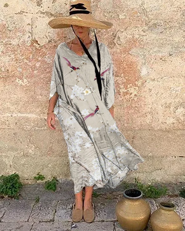 Holiday Bird Floral Print Loose Dress