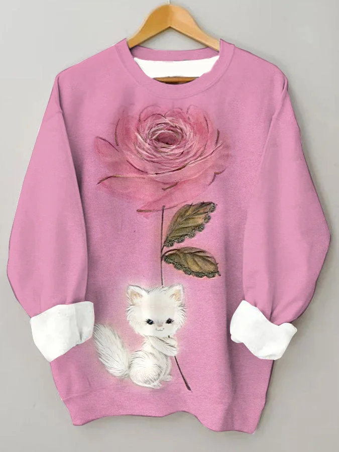 Pink Cat Rose Art Print Vintage Crew Neck Sweatshirt