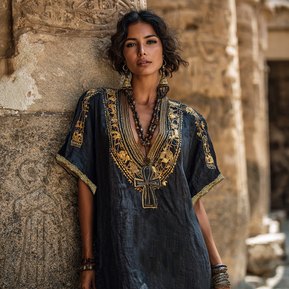 Comstylish Women's Vintage Egyptian Ankh Embroidery Art Casual V Neck Linen Dress