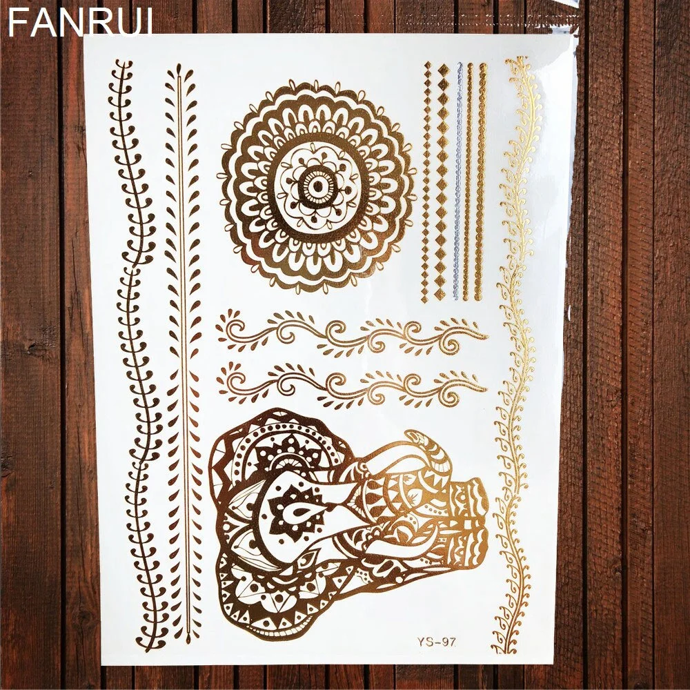 Golden Metallic Bracelet Temporary Tattoo Henna Mandala Flower Girl Tattoo Stickers Indian Chain Women Arm Flash Fake Tatoos Leg