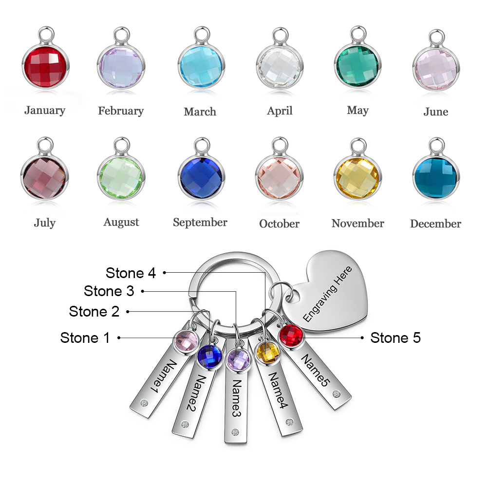 Customized 5 Birthstone Keychain with heart