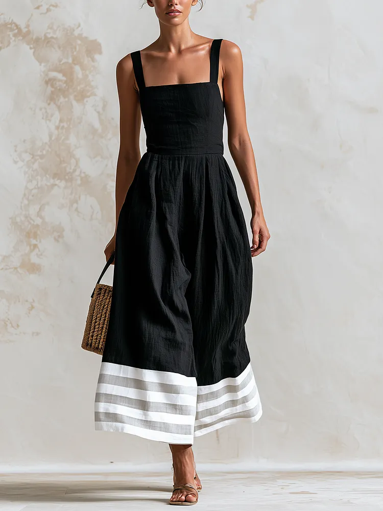 Black Square Neck Stripe Hem Wide-Leg Culotte Jumpsuit
