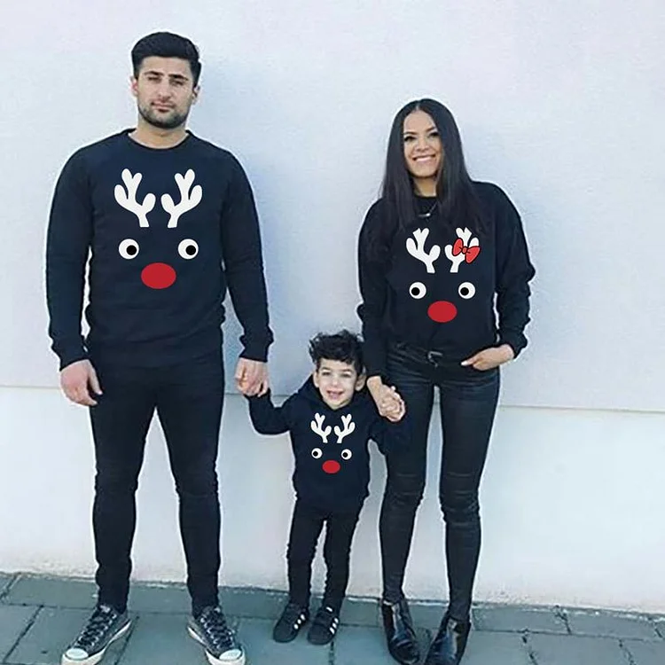 Christmas Reindeer Print Long Sleeve Hoodie Matching Family Sweatshirt