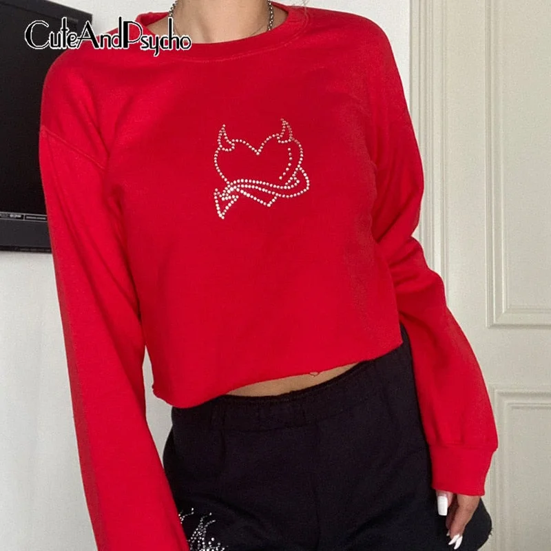 Heart Rhinestone Print Crop Sweatshirts Joggers Women Streetwear Autumn Casual Tops Crewneck Loose Cute 90s Shirts Cuteandpsycho