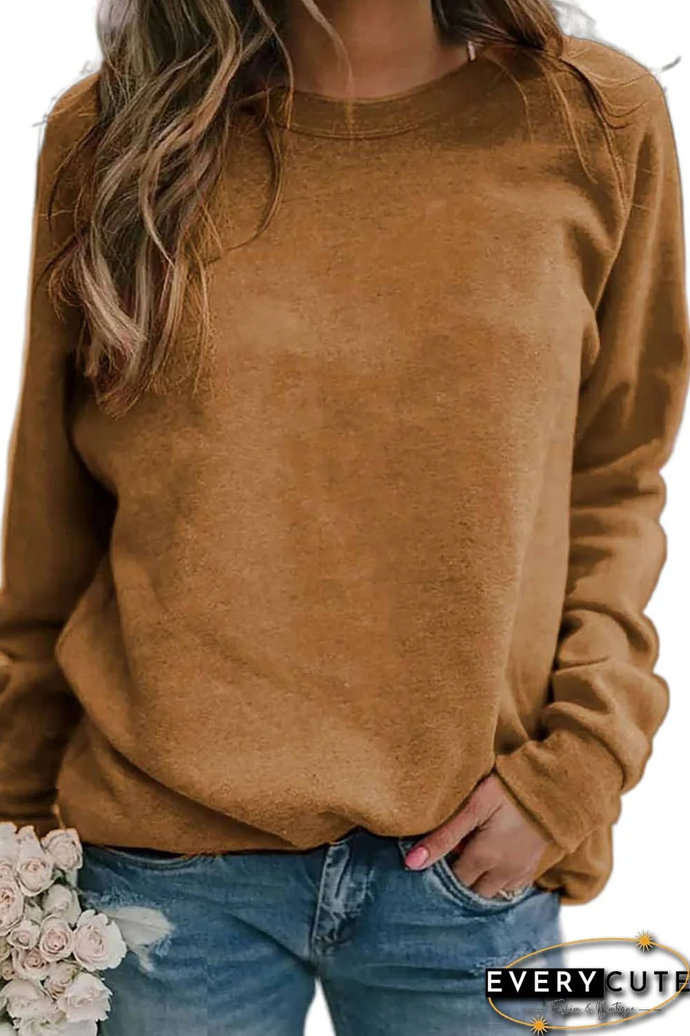 Brown Solid Crew Neck Raglan Sleeve Sweatshirt