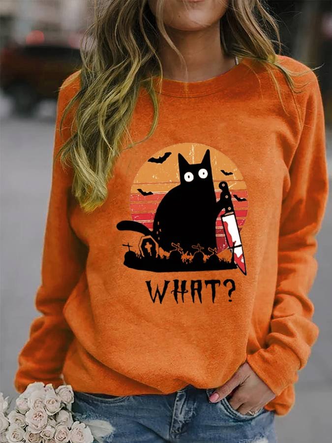 Women's Halloween Black Cat Print Casual Sweatshirt