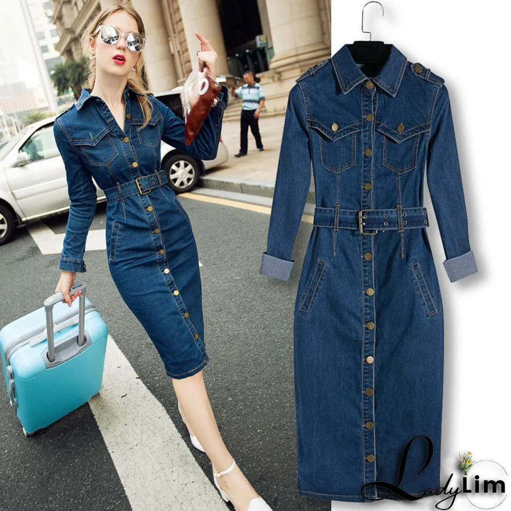 Casual Turndown Collar Zipper Waist Buckle Denim Maxi Dress