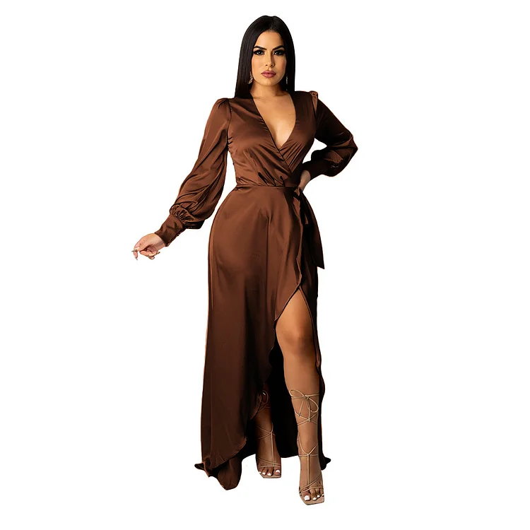 S-5XL Ladies Elegant Maxi Dress Autumn Batwing Long Sleeve V Neck Silk Stain Casual Holiday Long Dress Kleid Plus Size